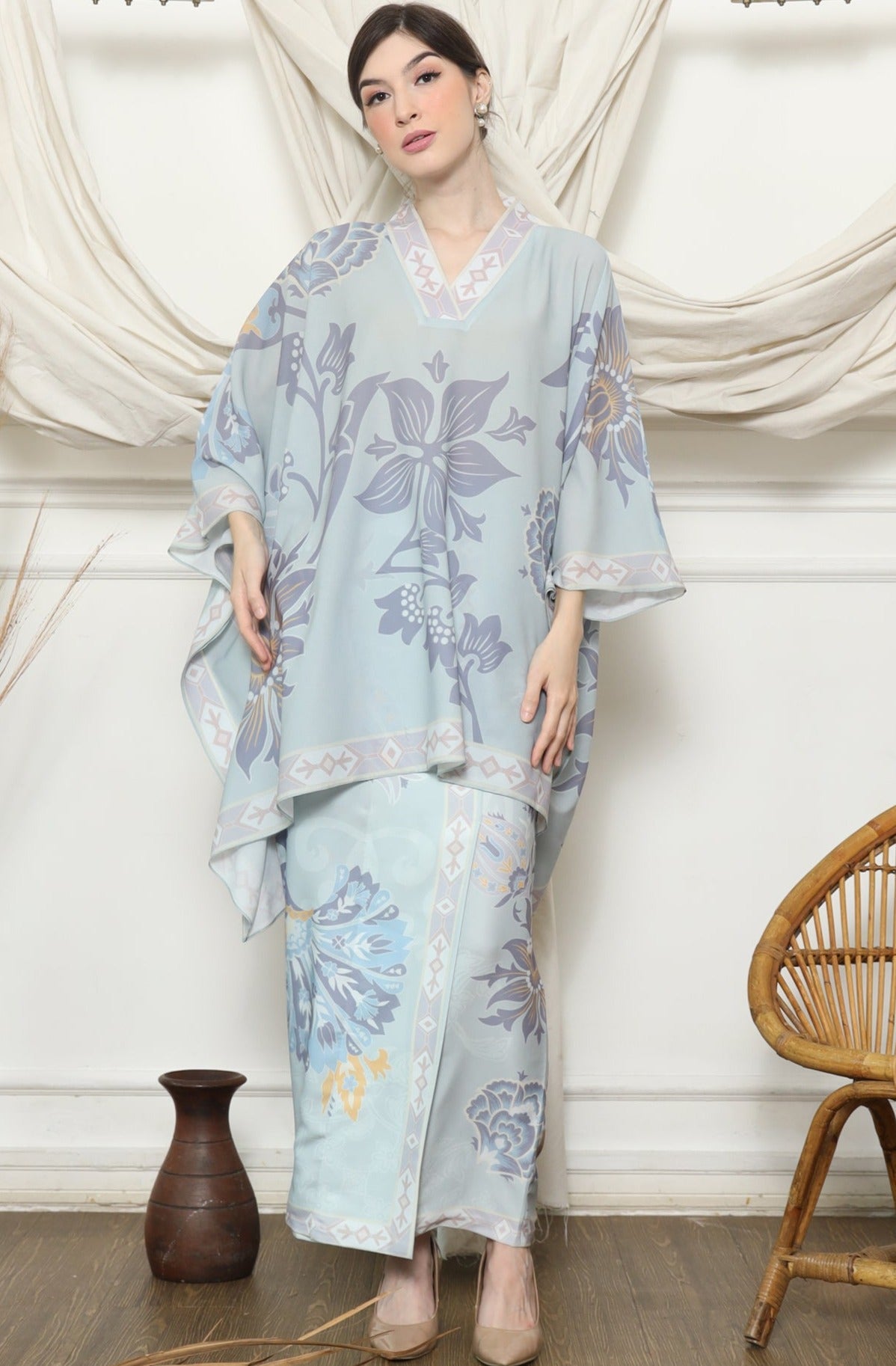 Blue Tropical Flower V Neck Sarong Set