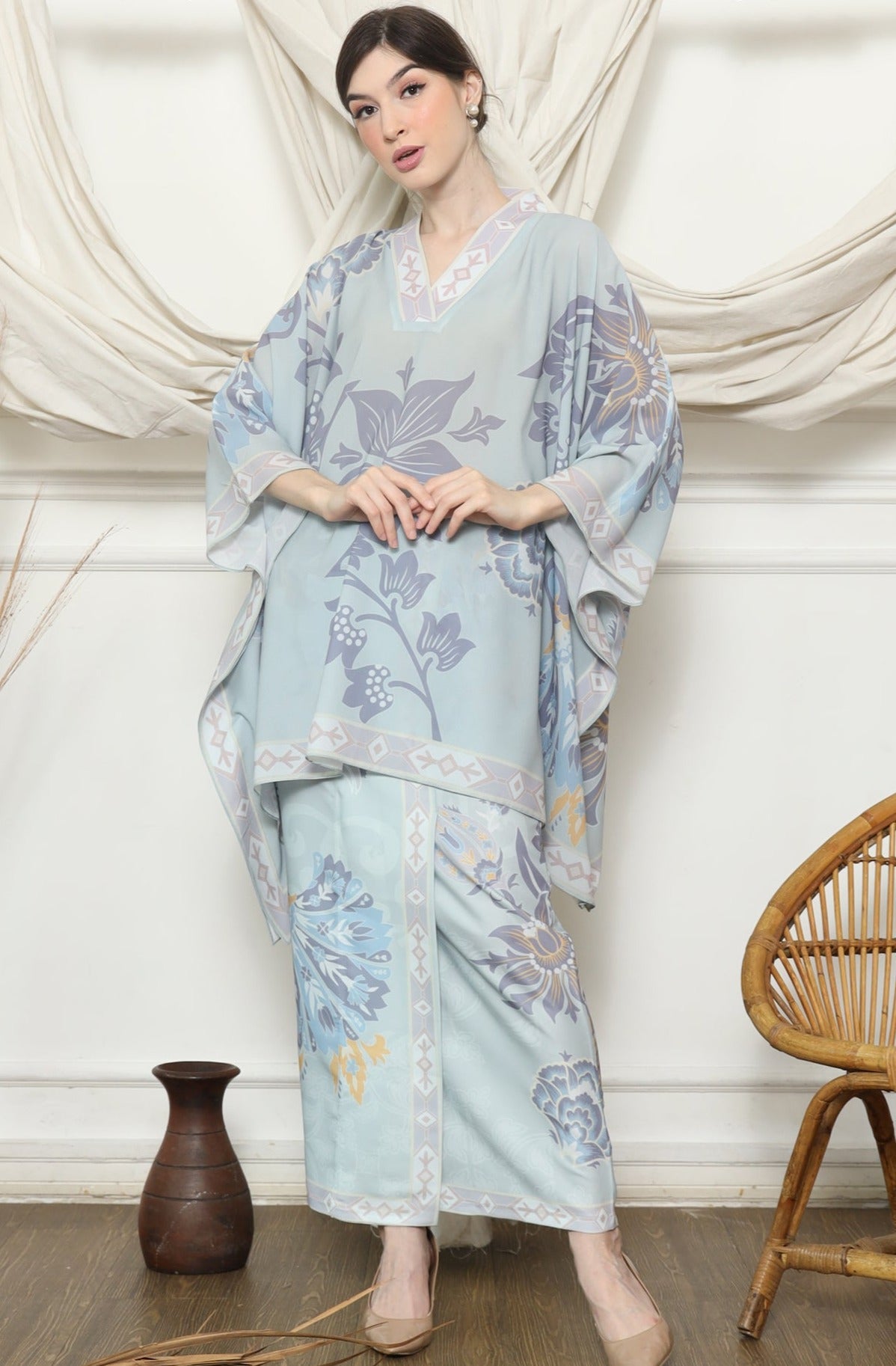 Blue Tropical Flower V Neck Sarong Set