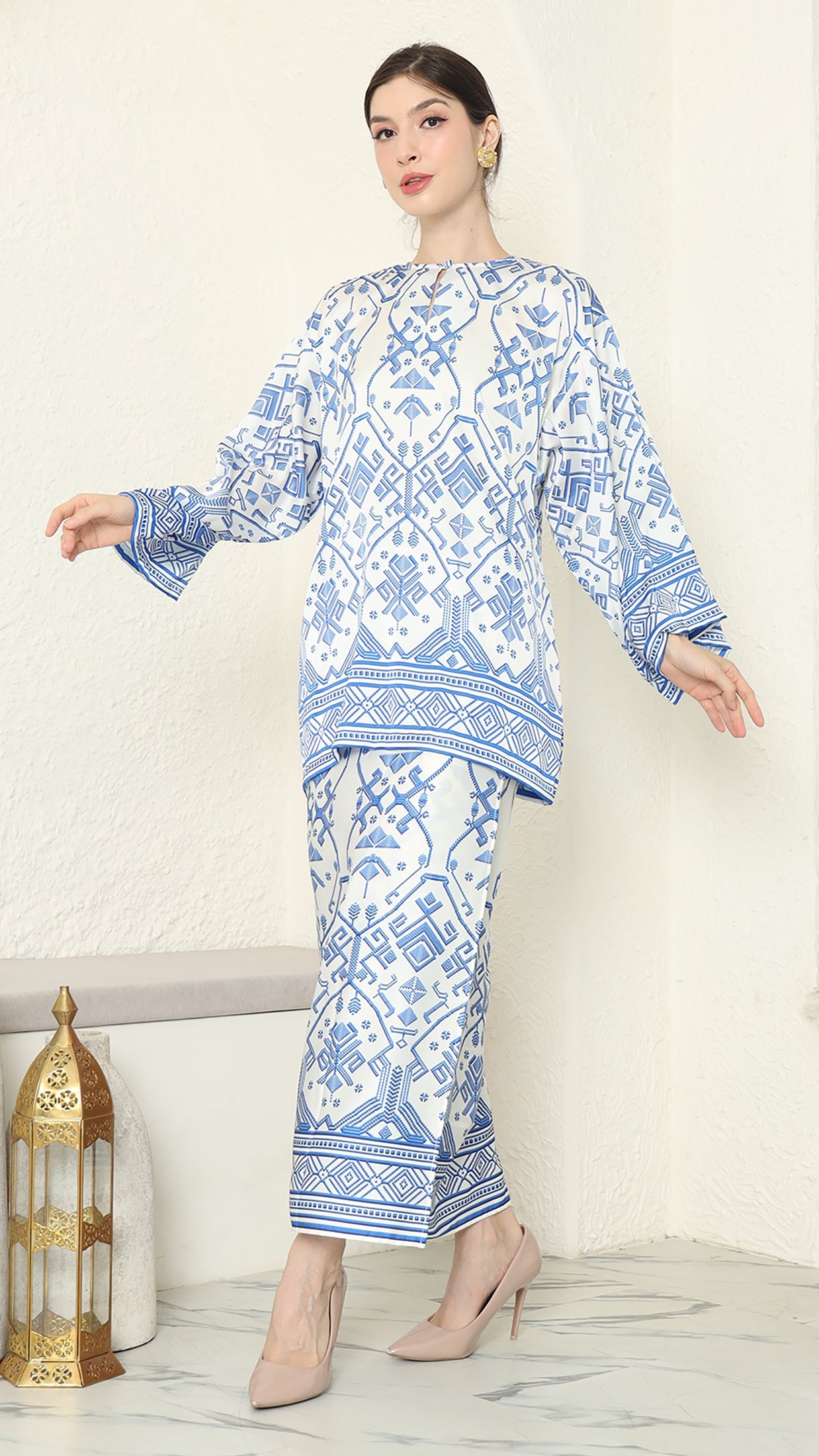 White Blue Round Neck Songket Sarong Set
