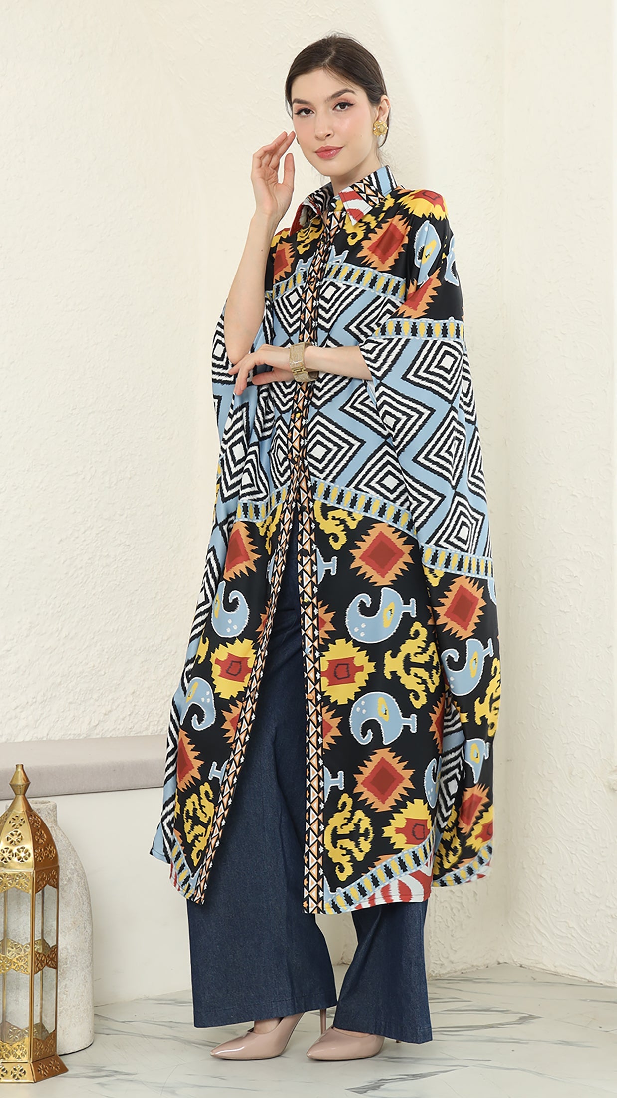 Blue Tribal Ikat Button Kaftan
