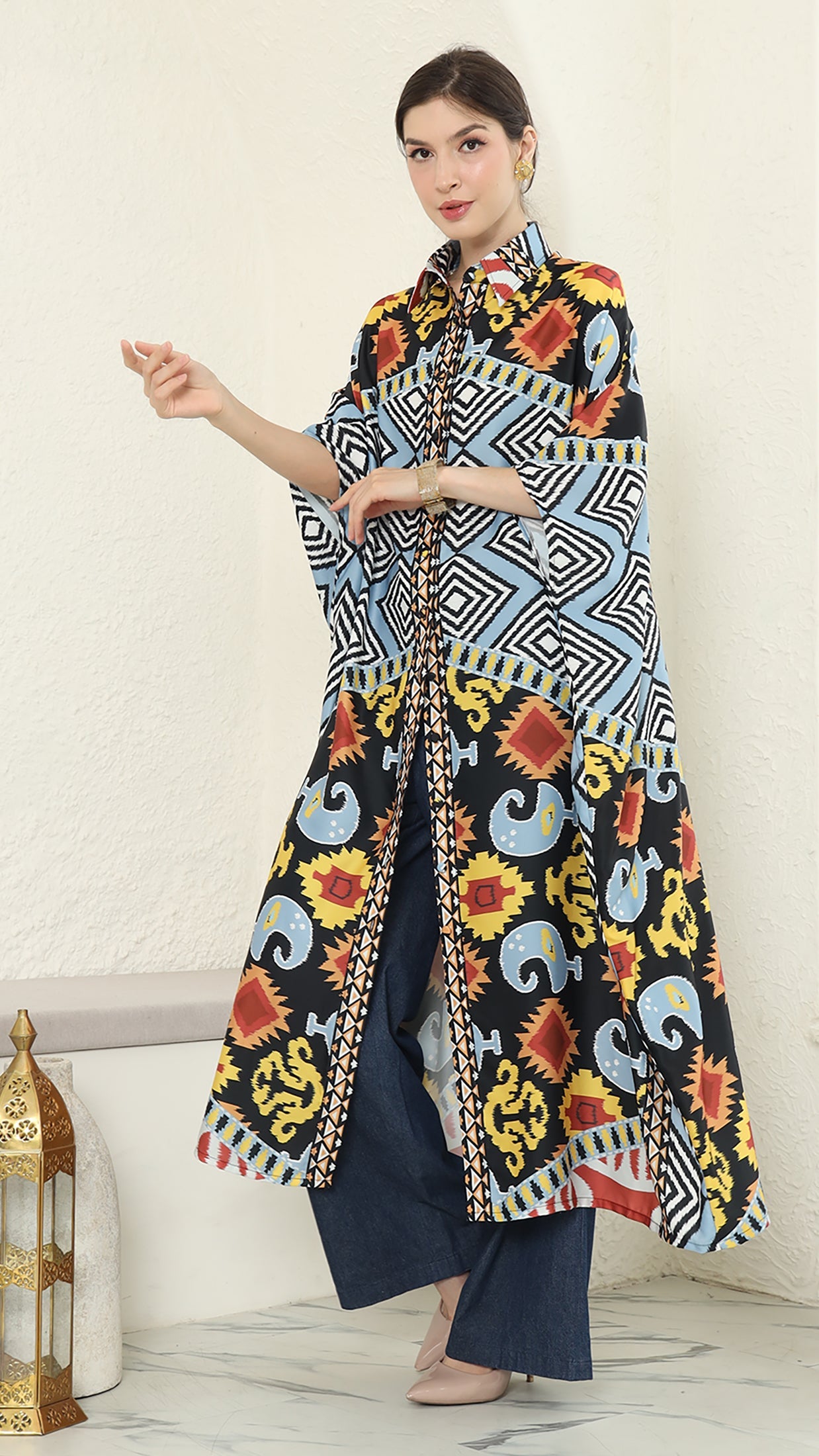 Blue Tribal Ikat Button Kaftan