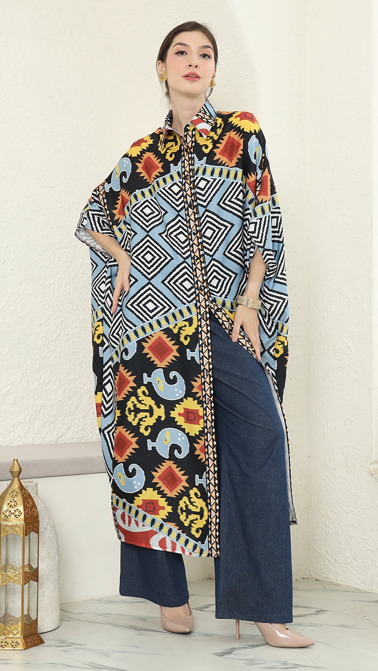 Blue Tribal Ikat Button Kaftan