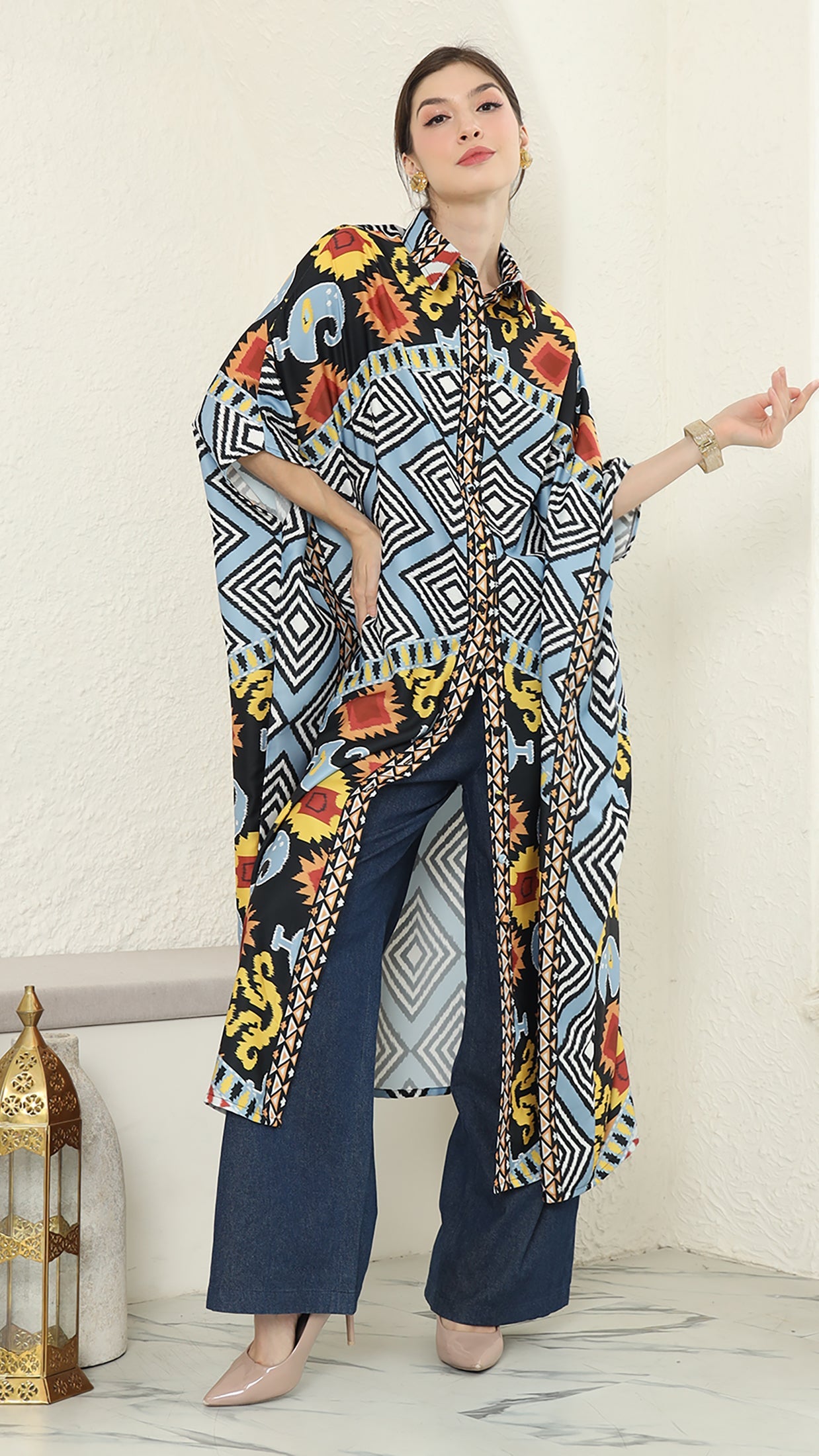 Blue Tribal Ikat Button Kaftan