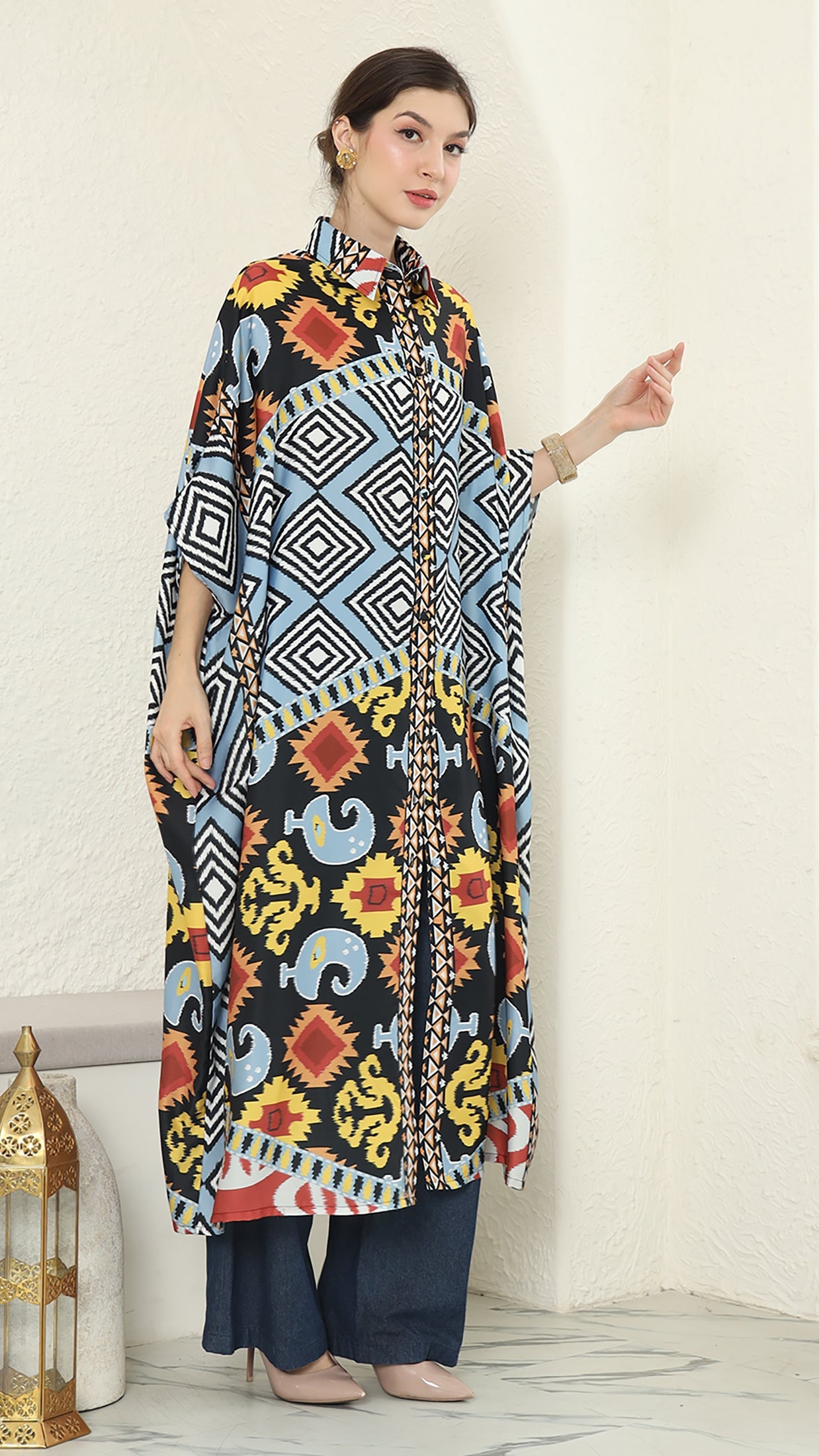 Blue Tribal Ikat Button Kaftan
