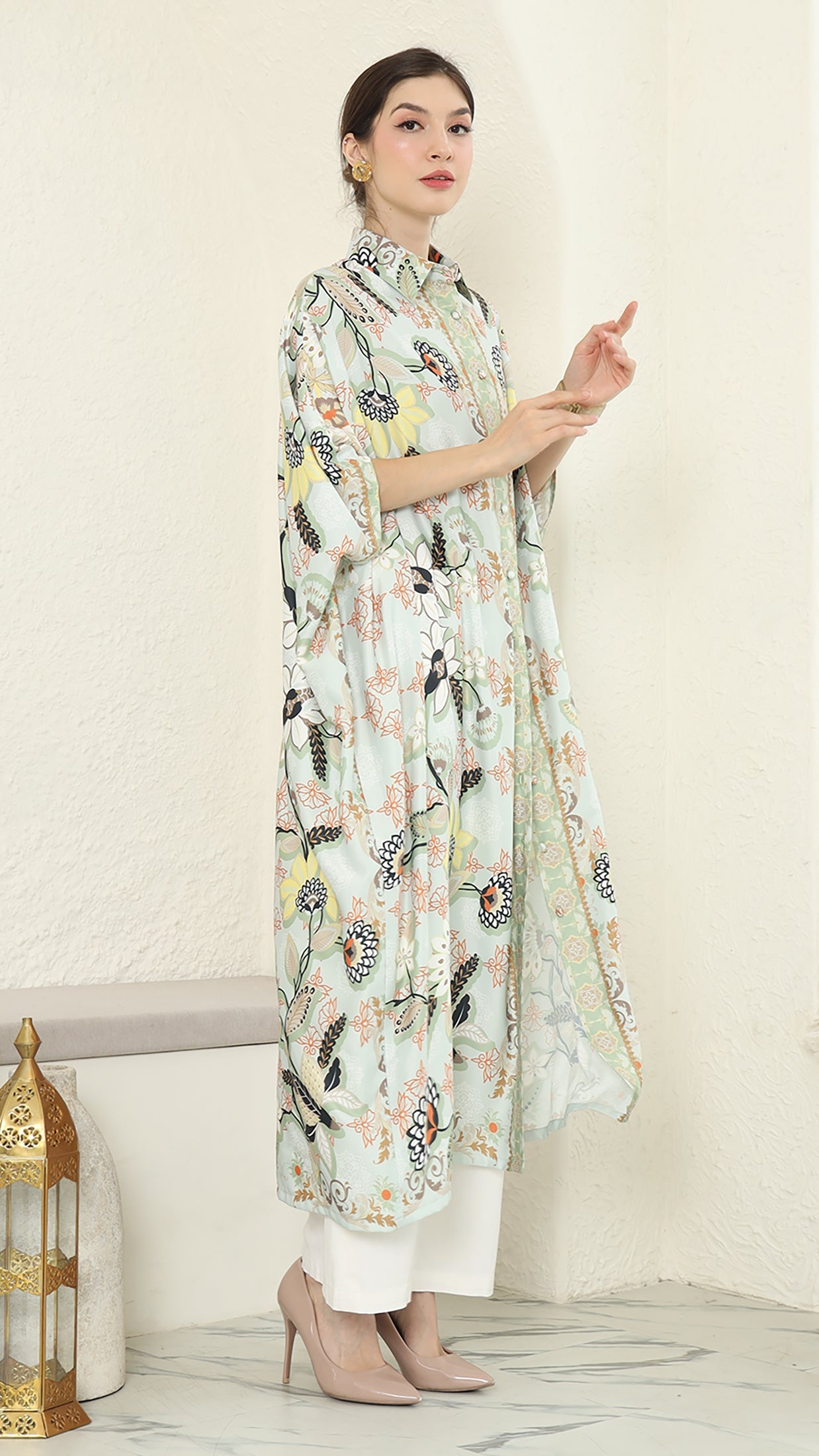 Green Flower Button Kaftan