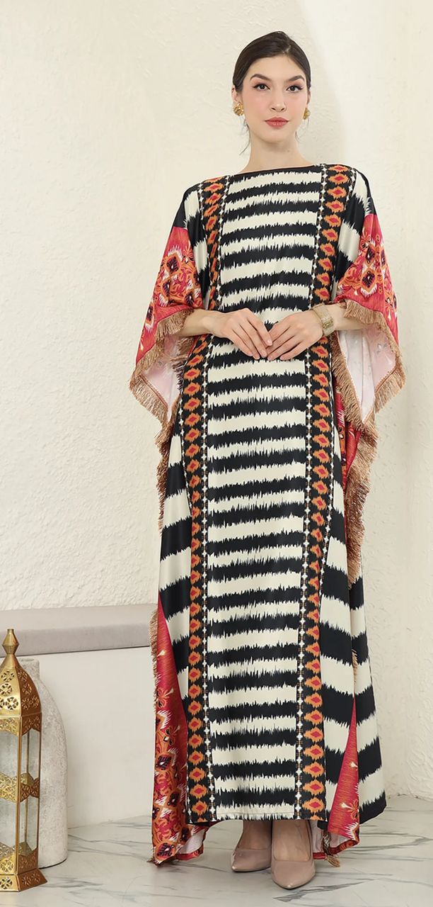 RED STRIPE IKAT SHORT SLEEVE FRINGE KAFTAN