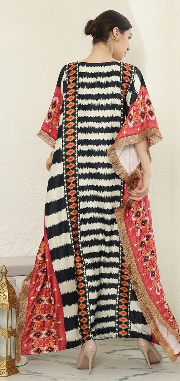 RED STRIPE IKAT SHORT SLEEVE FRINGE KAFTAN