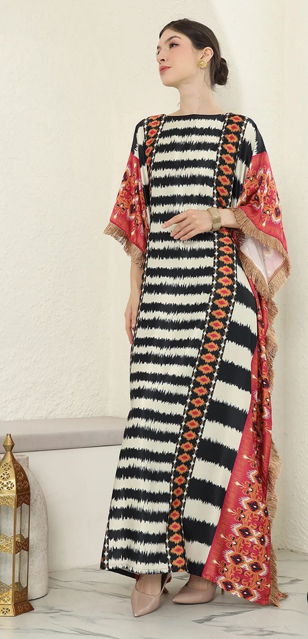 RED STRIPE IKAT SHORT SLEEVE FRINGE KAFTAN