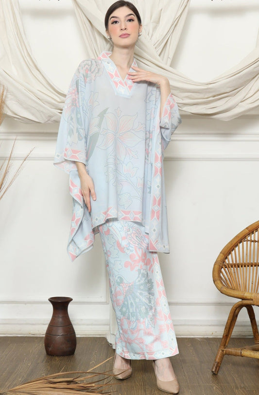 Blue Pink Tropical Flower V Neck Sarong Set
