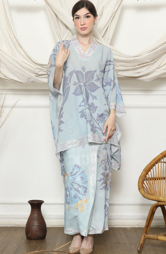 Blue Tropical Flower V Neck Sarong Set