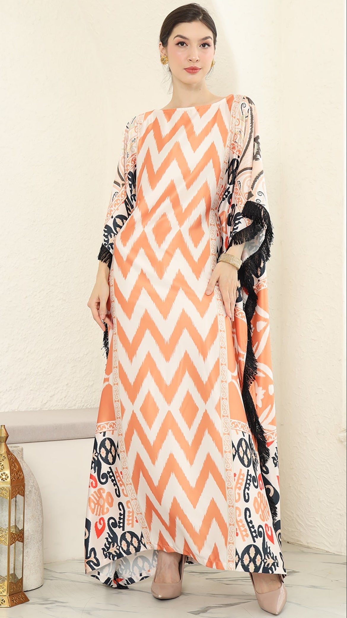 Coral Ikat Fringe Short Kaftan
