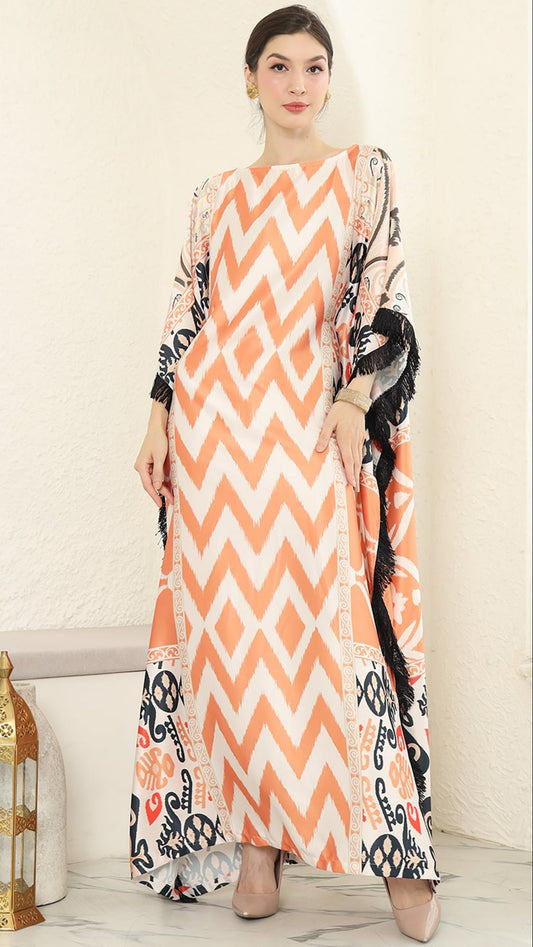 Coral Ikat Fringe Short Kaftan