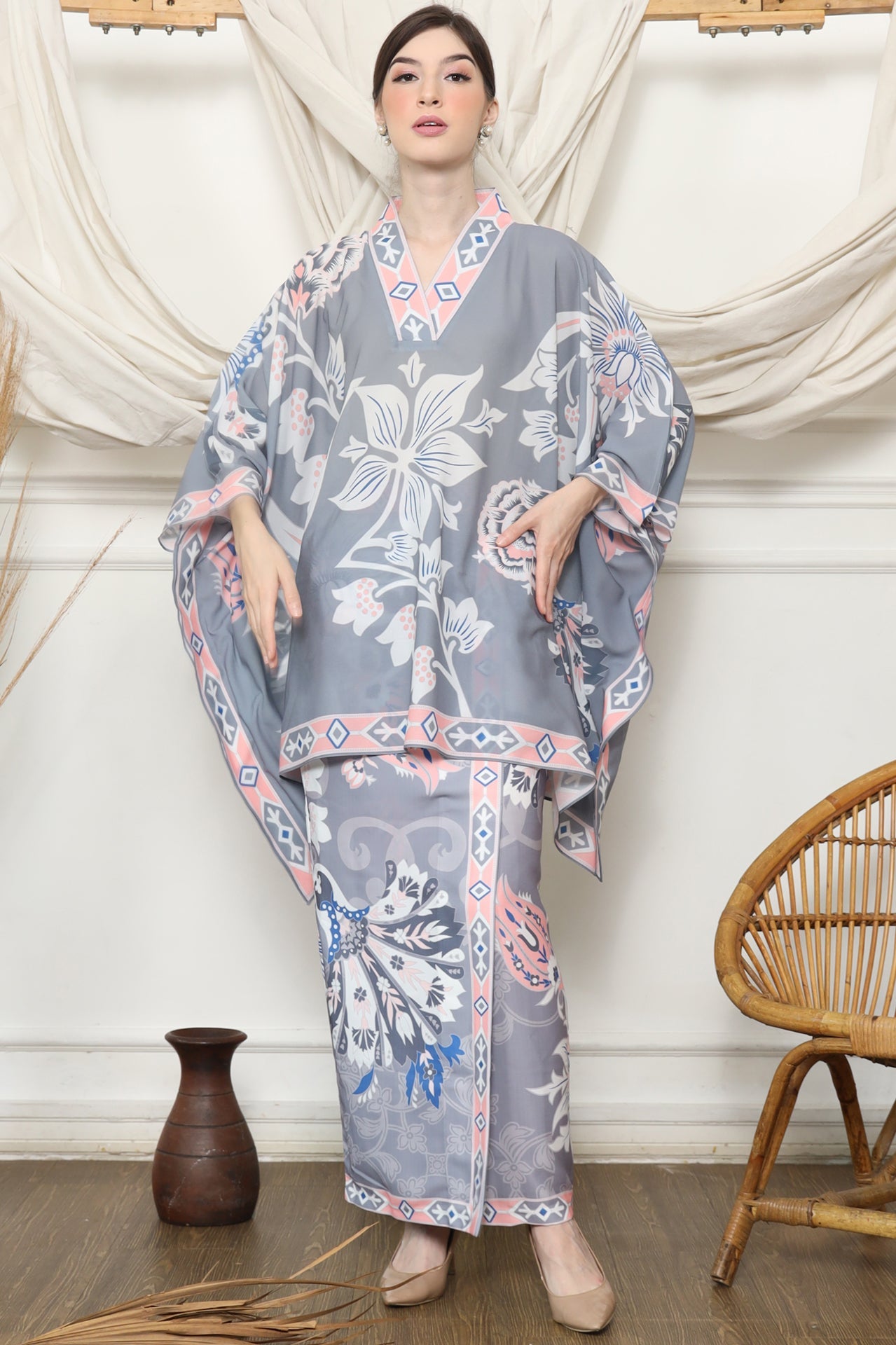 Grey Tropical Flower V Neck Sarong Set