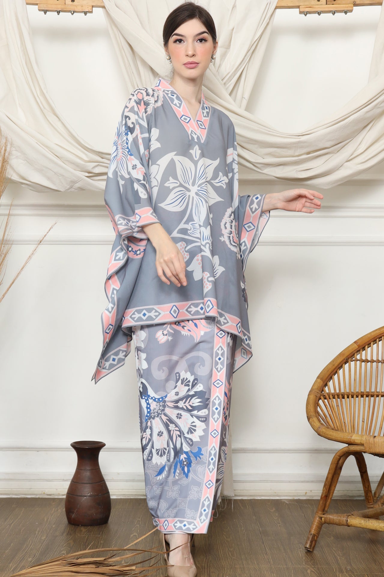 Grey Tropical Flower V Neck Sarong Set