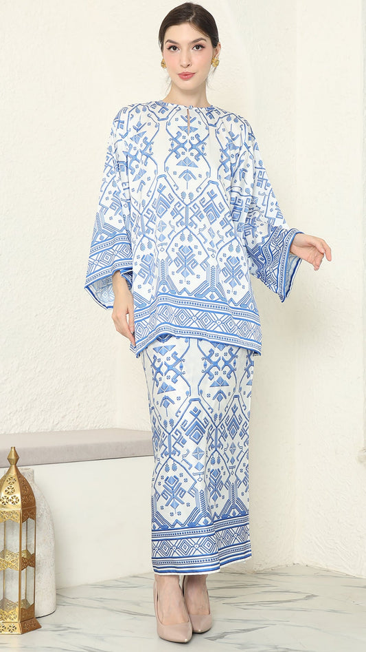 White Blue Round Neck Songket Sarong Set