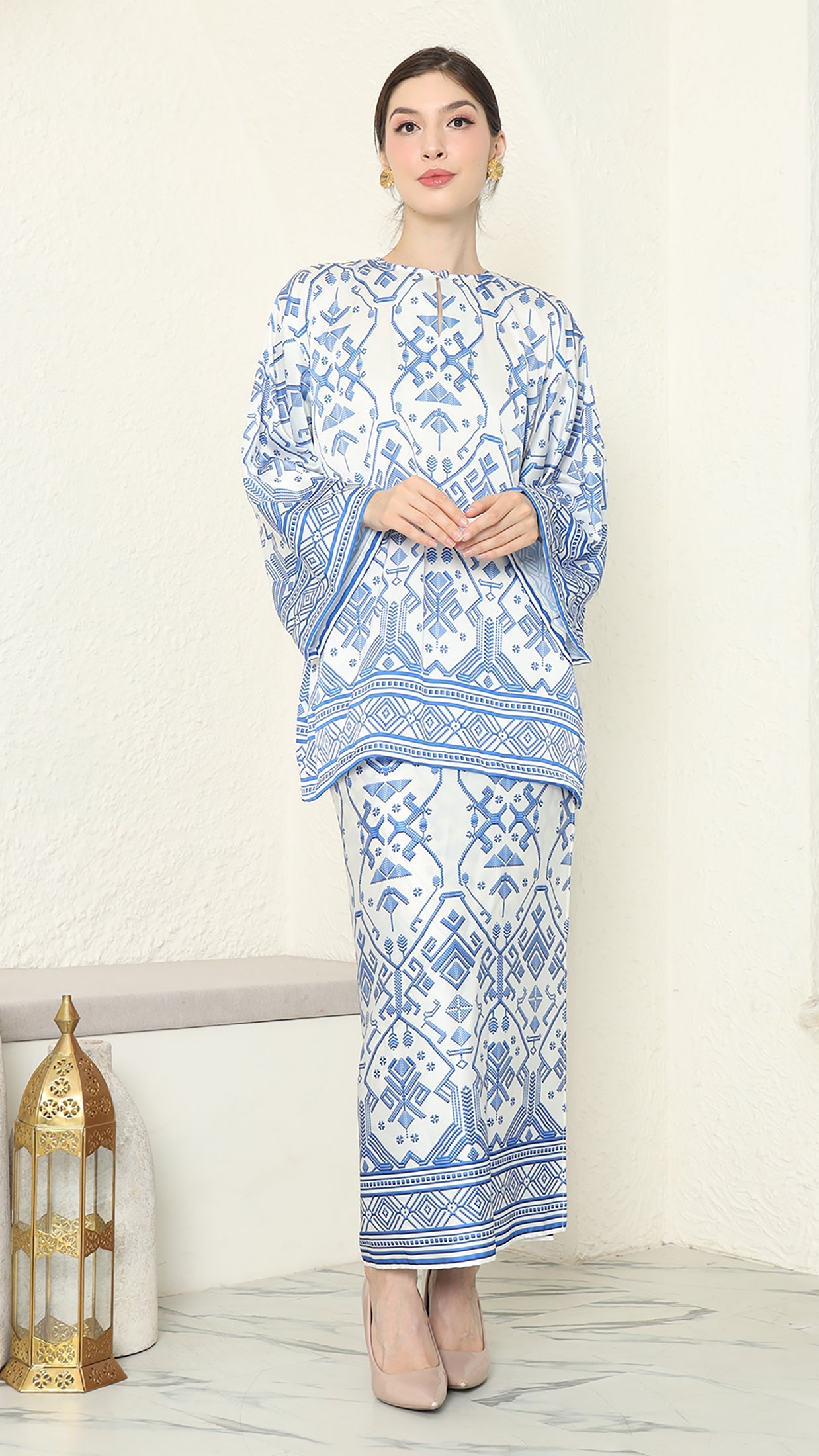 White Blue Round Neck Songket Sarong Set
