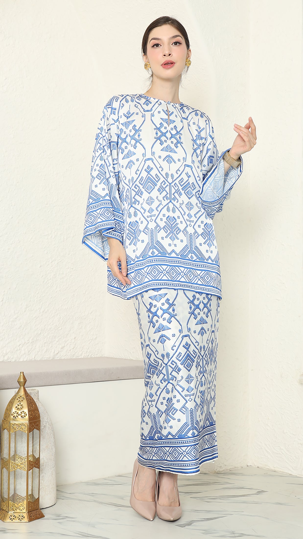 White Blue Round Neck Songket Sarong Set