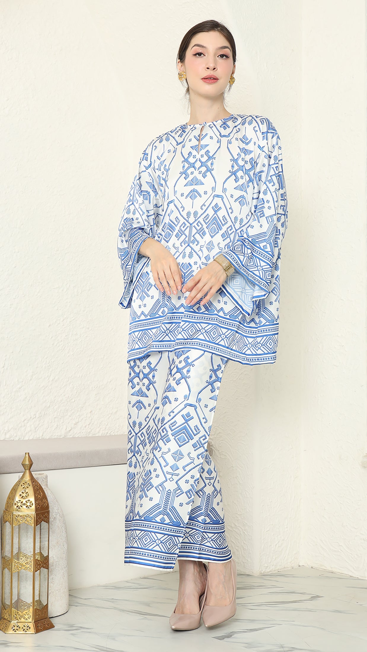 White Blue Round Neck Songket Sarong Set