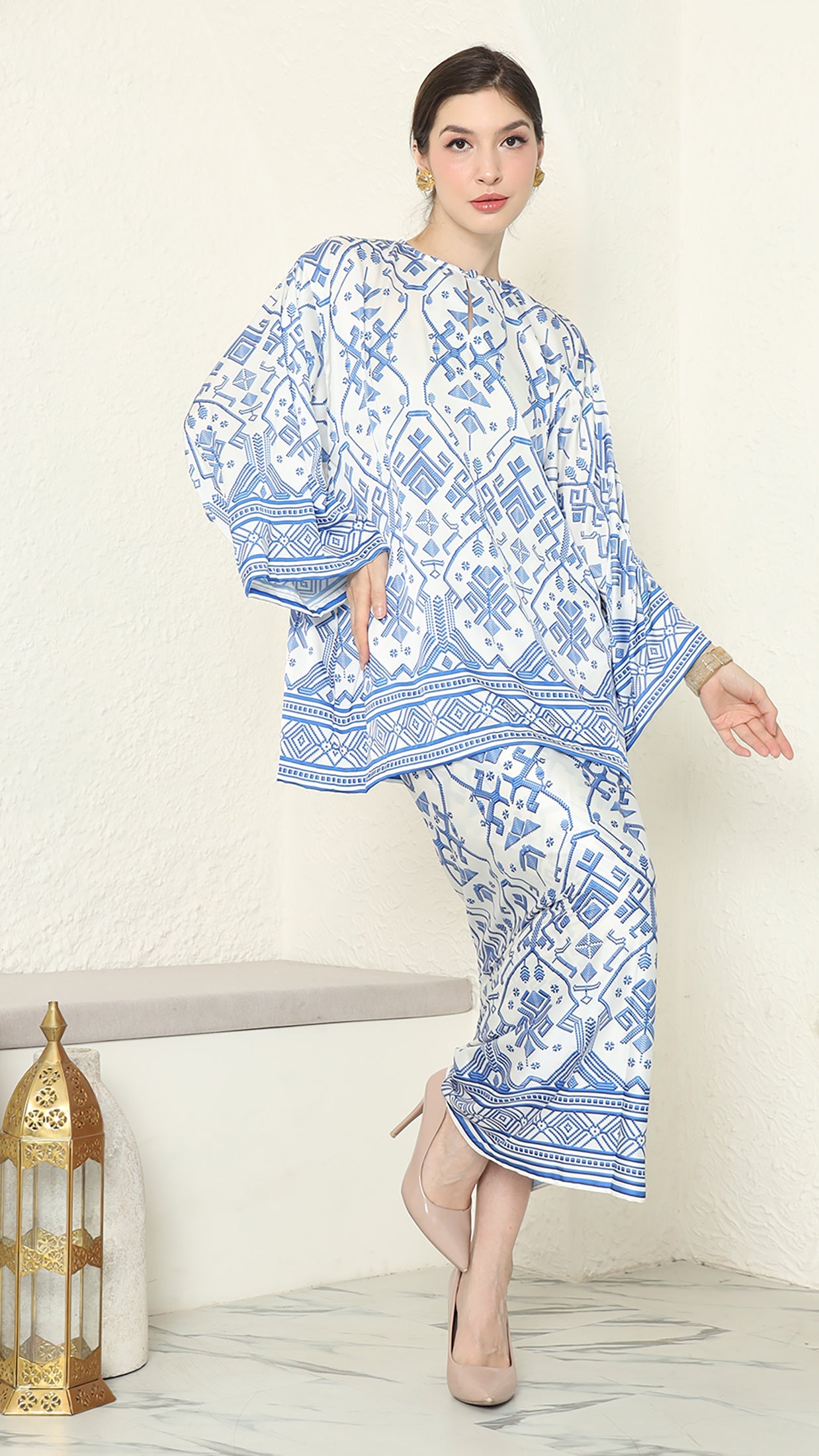 White Blue Round Neck Songket Sarong Set