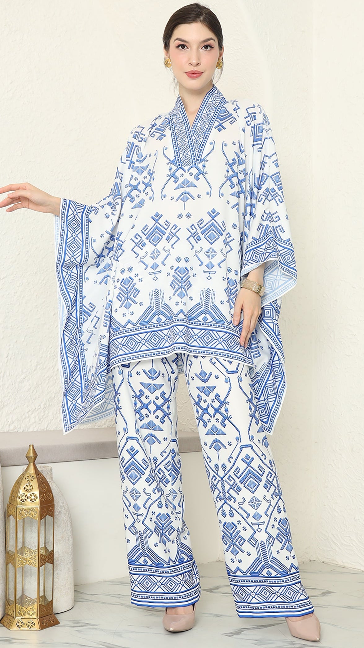 White Blue V Neck Songket Pants Set