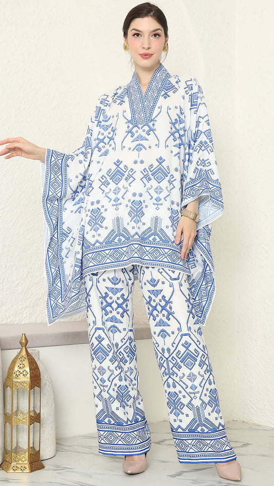 White Blue V Neck Songket Pants Set