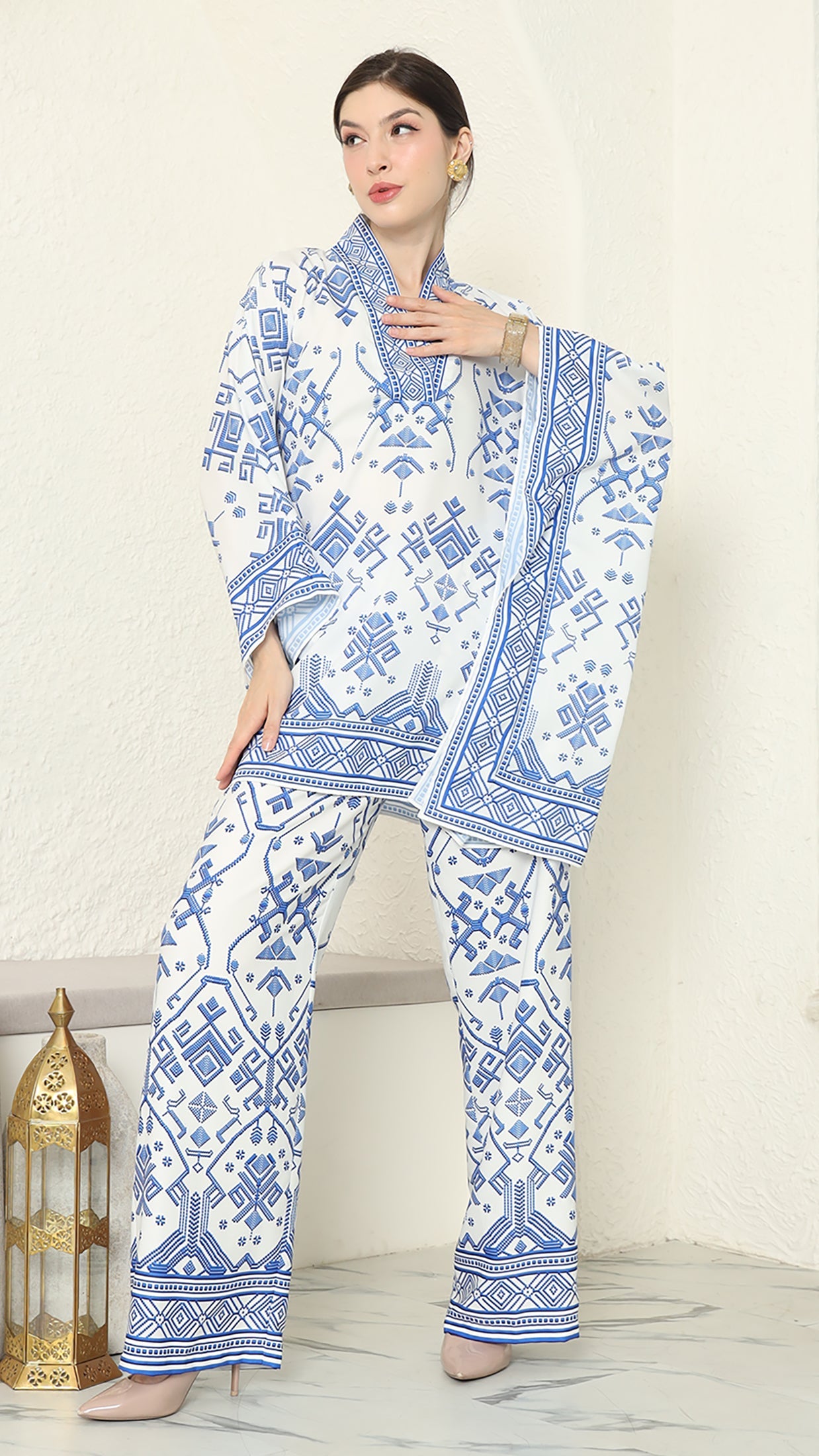 White Blue V Neck Songket Pants Set