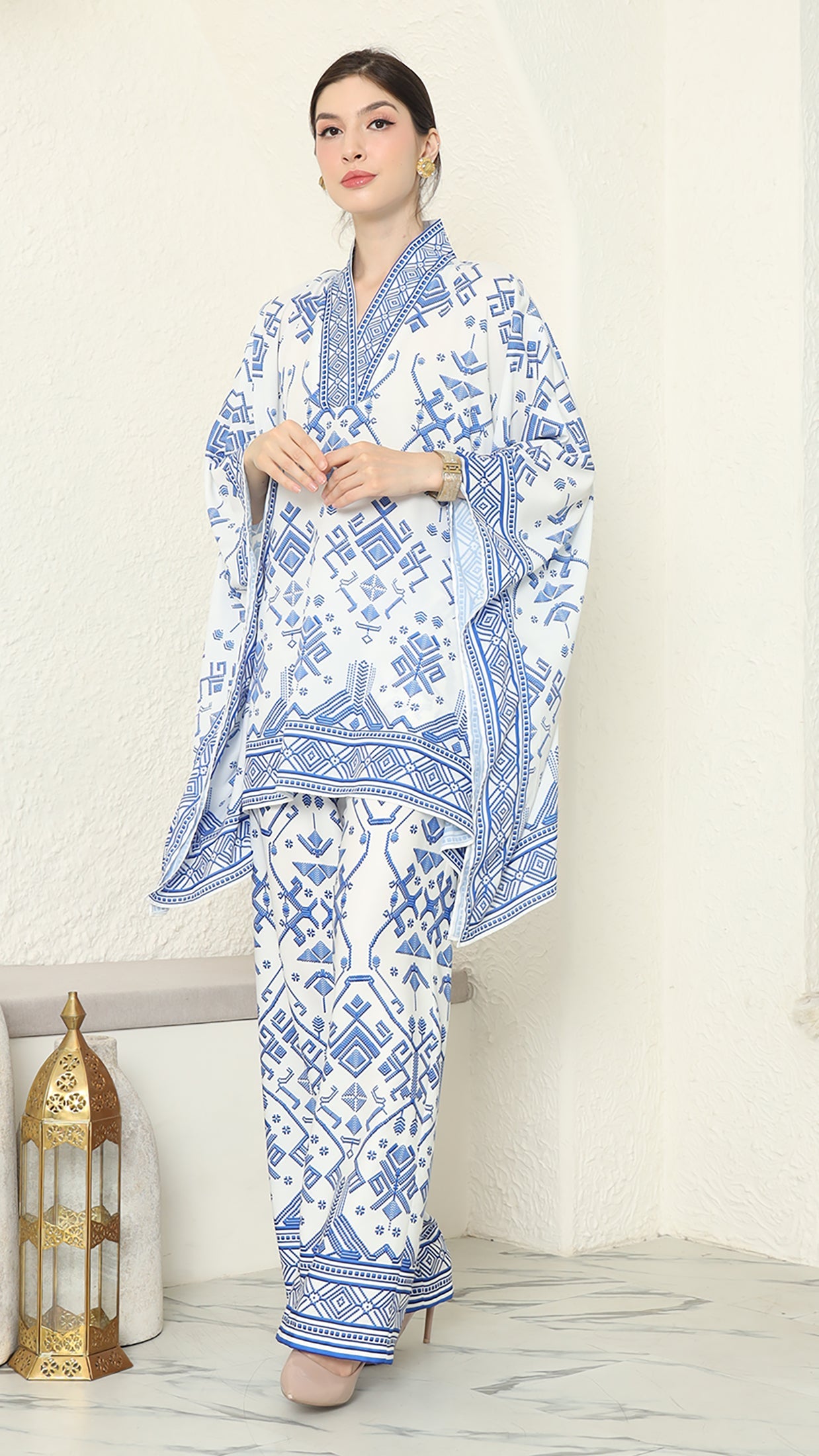 White Blue V Neck Songket Pants Set