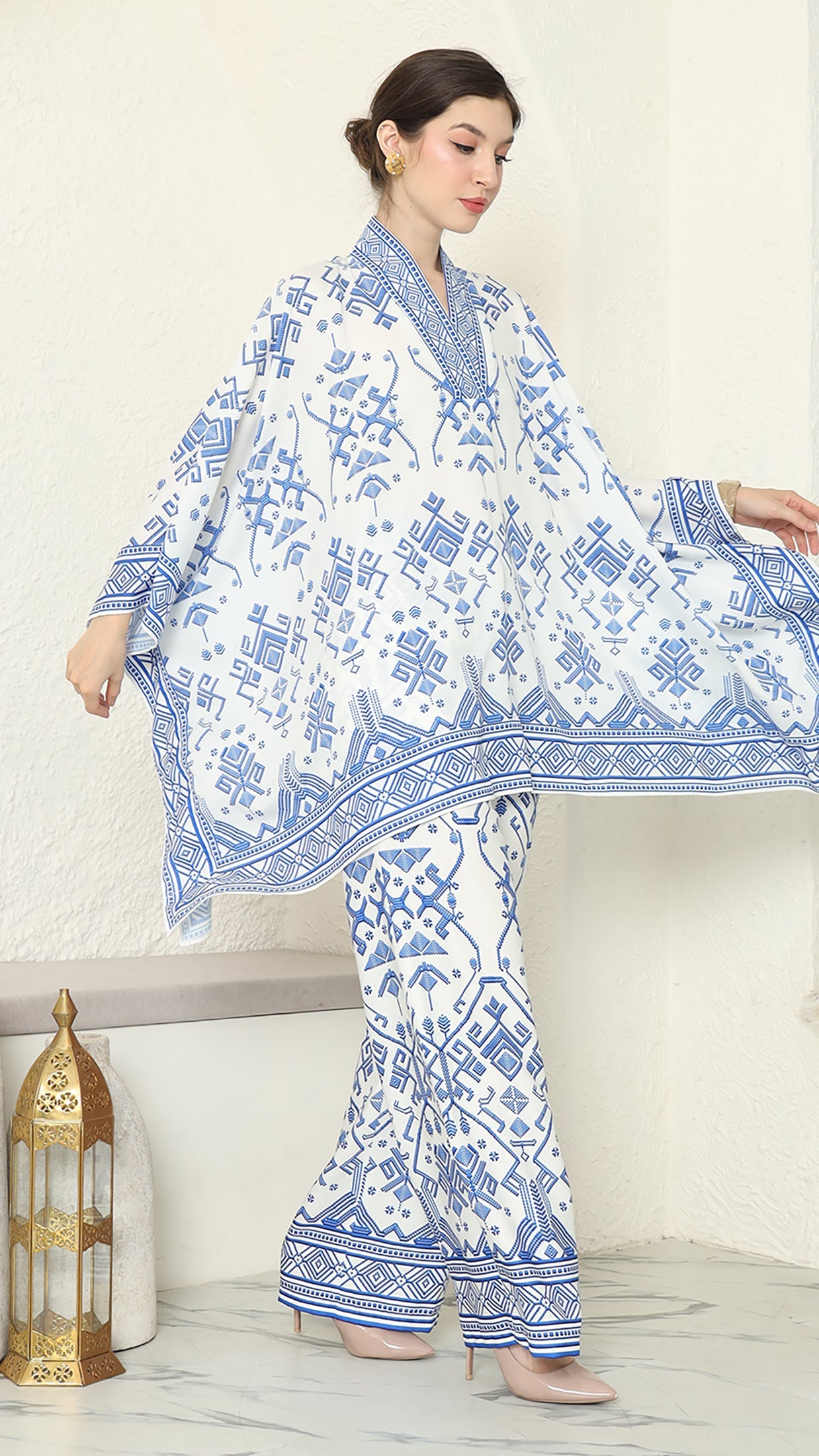 White Blue V Neck Songket Pants Set