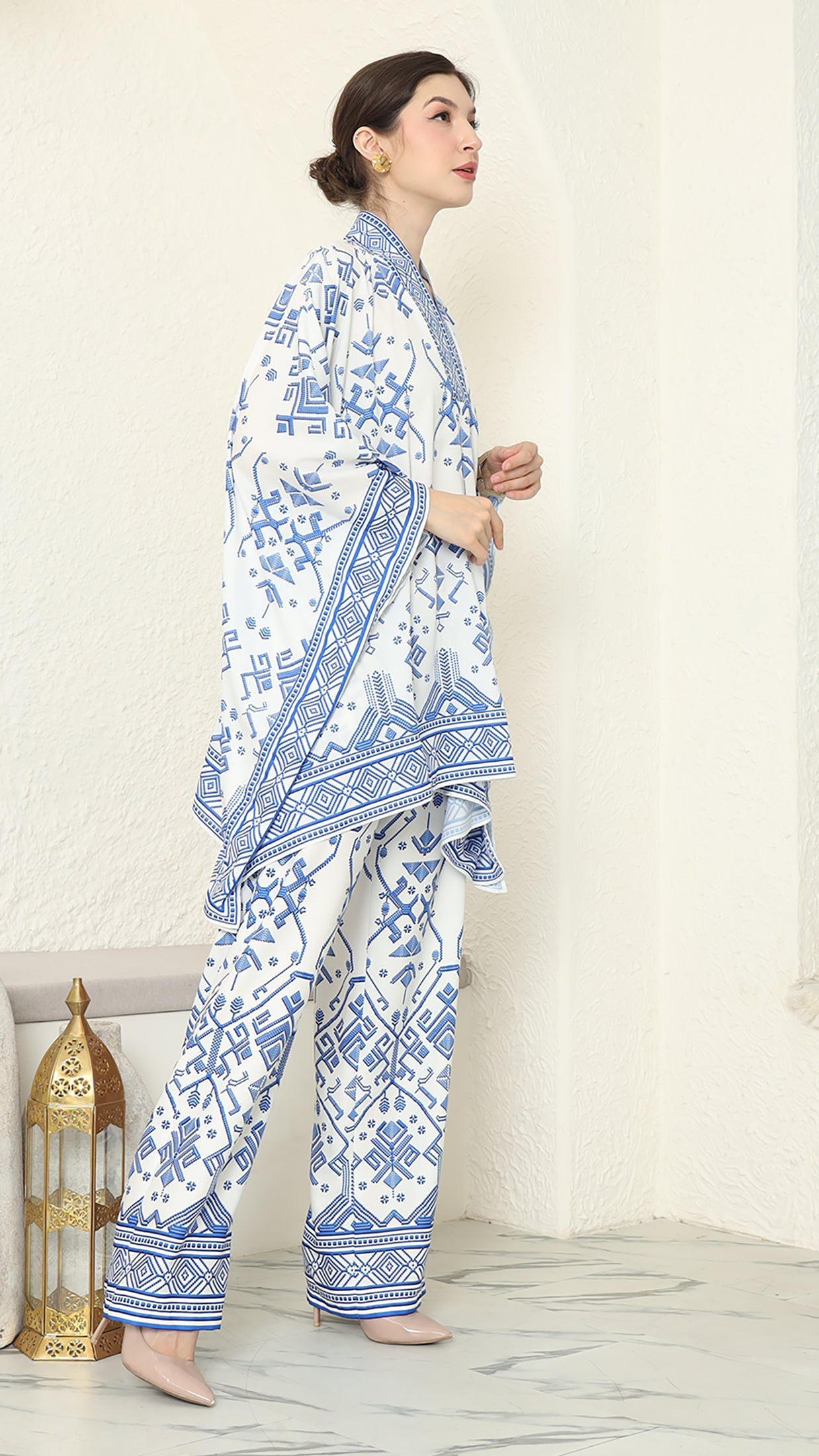 White Blue V Neck Songket Pants Set
