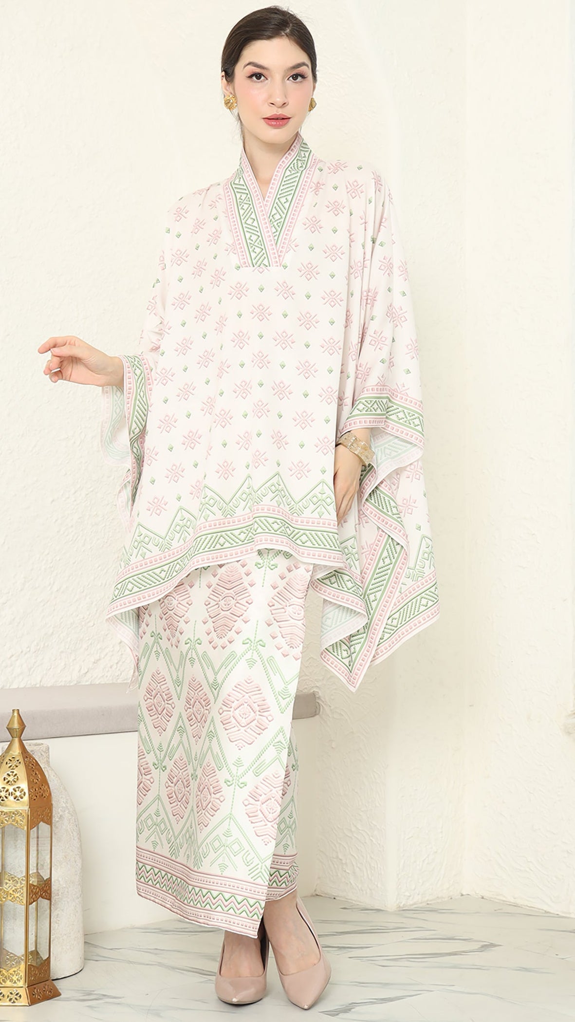Baby Pink V Neck Songket Sarong Set