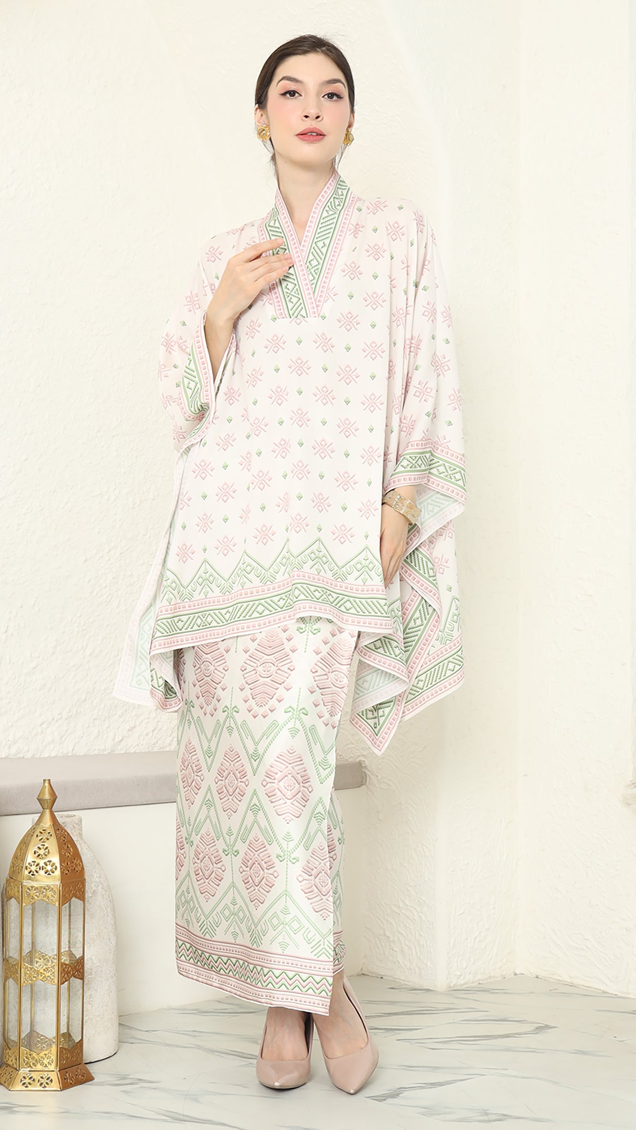 Baby Pink V Neck Songket Sarong Set