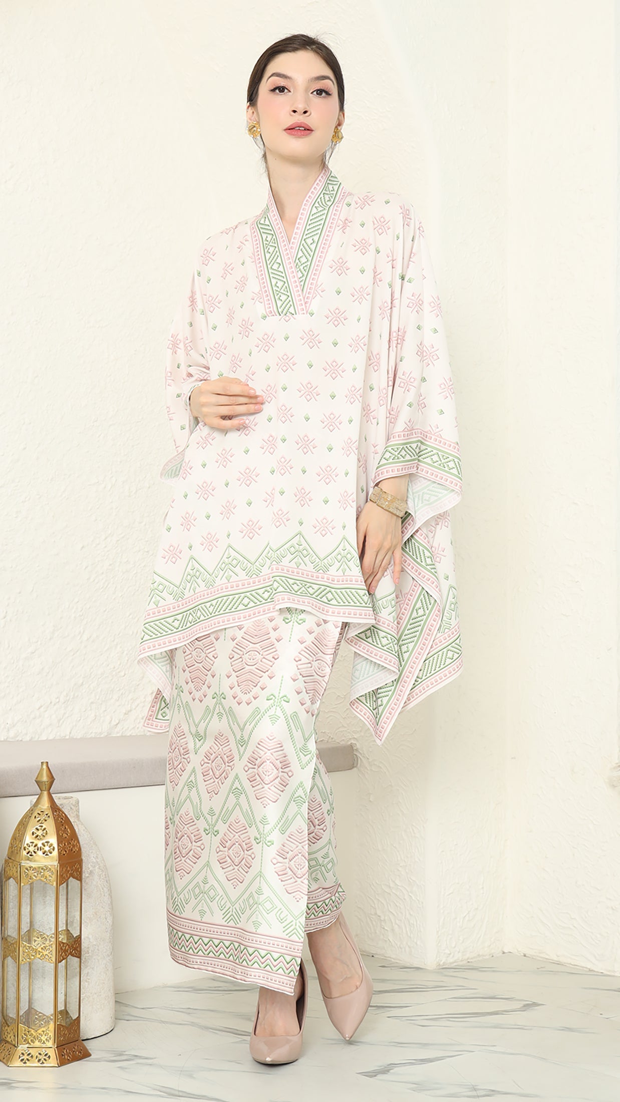 Baby Pink V Neck Songket Sarong Set