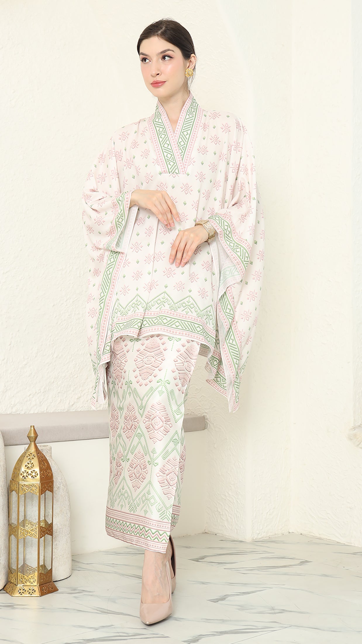 Baby Pink V Neck Songket Sarong Set