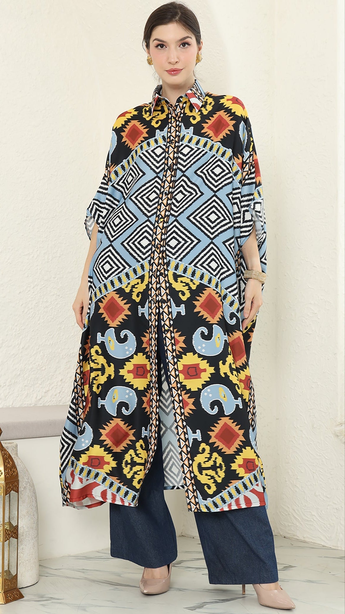 Blue Tribal Ikat Button Kaftan