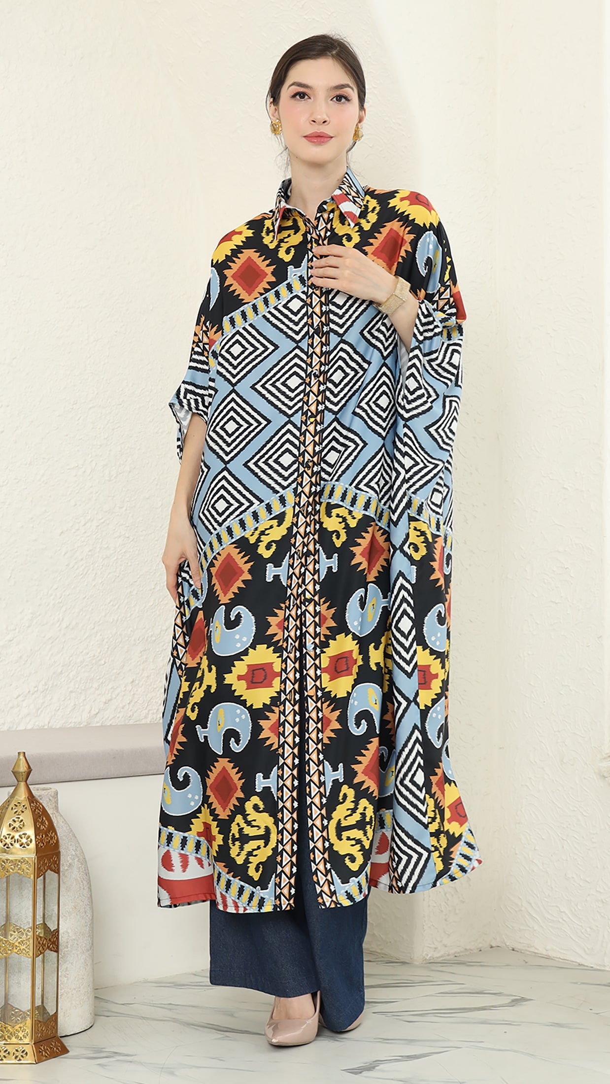 Blue Tribal Ikat Button Kaftan