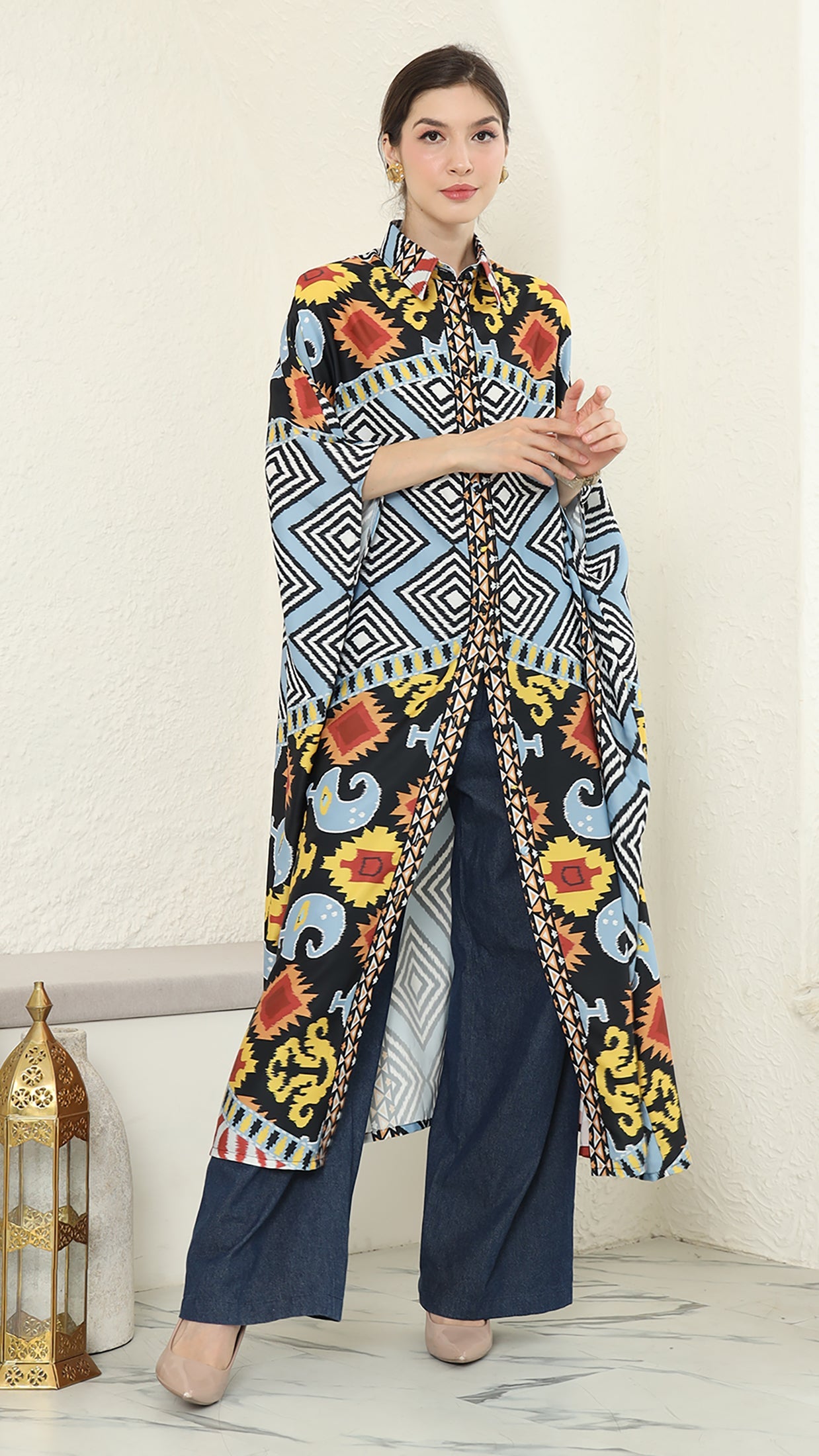 Blue Tribal Ikat Button Kaftan
