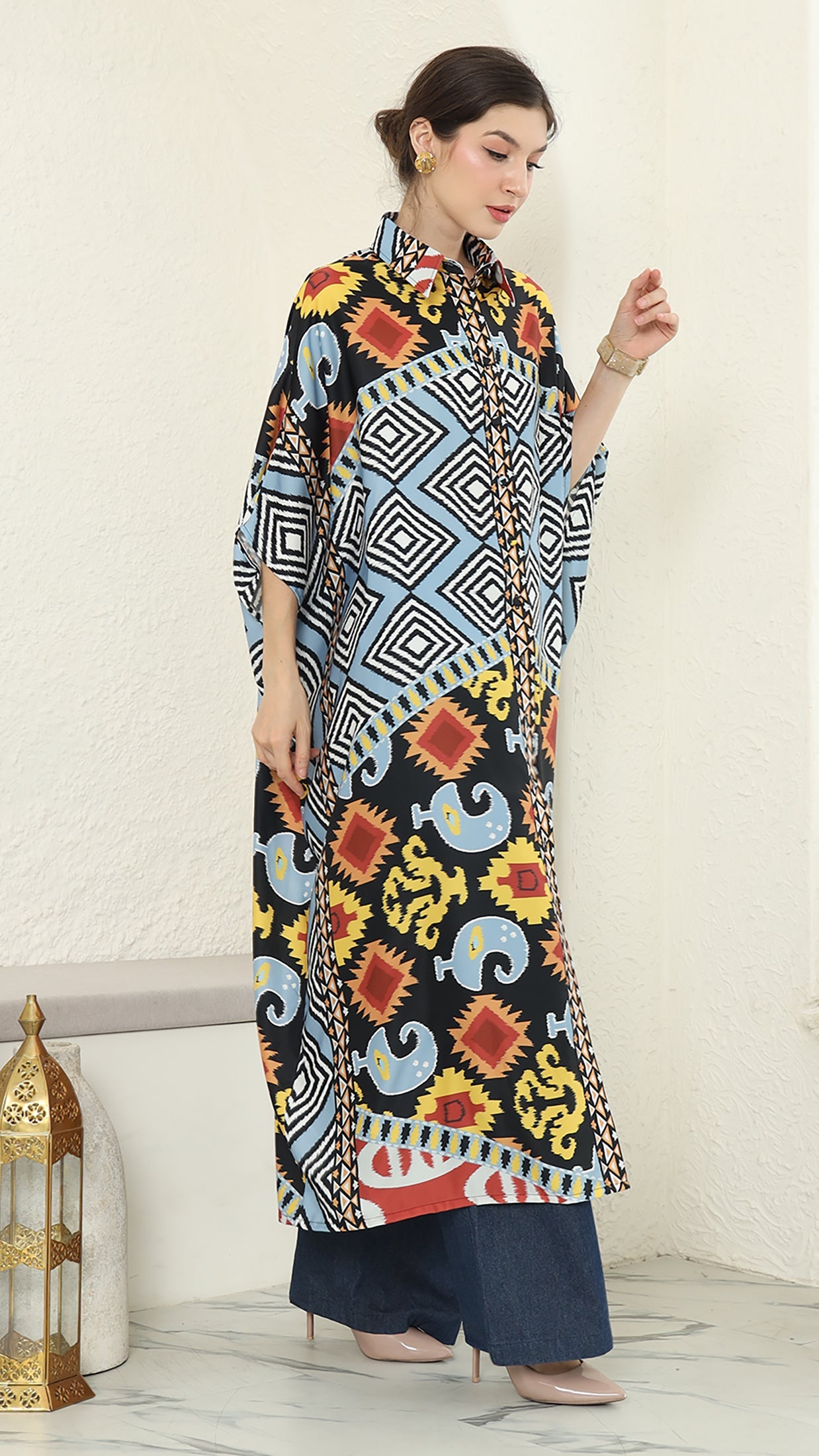 Blue Tribal Ikat Button Kaftan