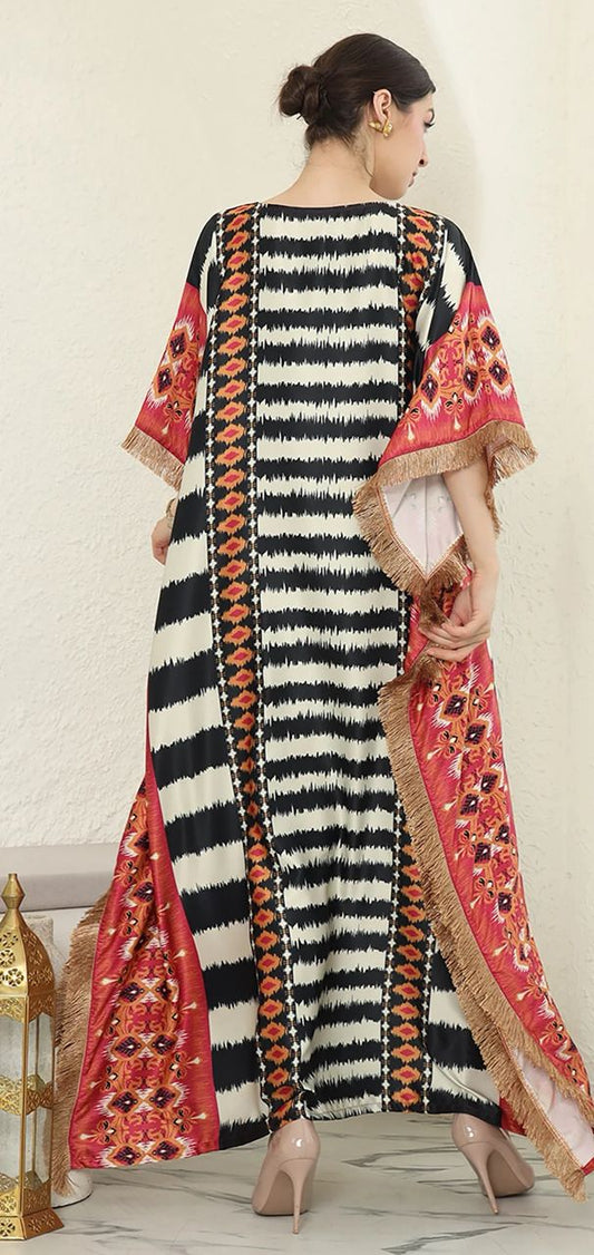 RED STRIPE IKAT SHORT SLEEVE FRINGE KAFTAN