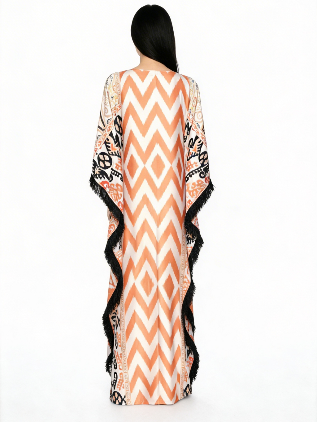 Coral Ikat Fringe Short Kaftan