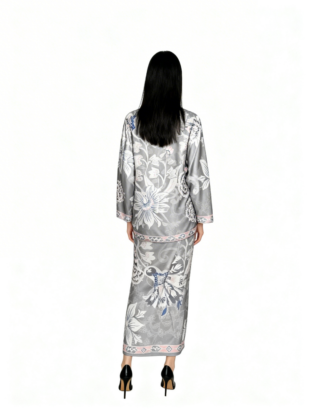 Grey Tropical Flower Round Neck Sarong Set