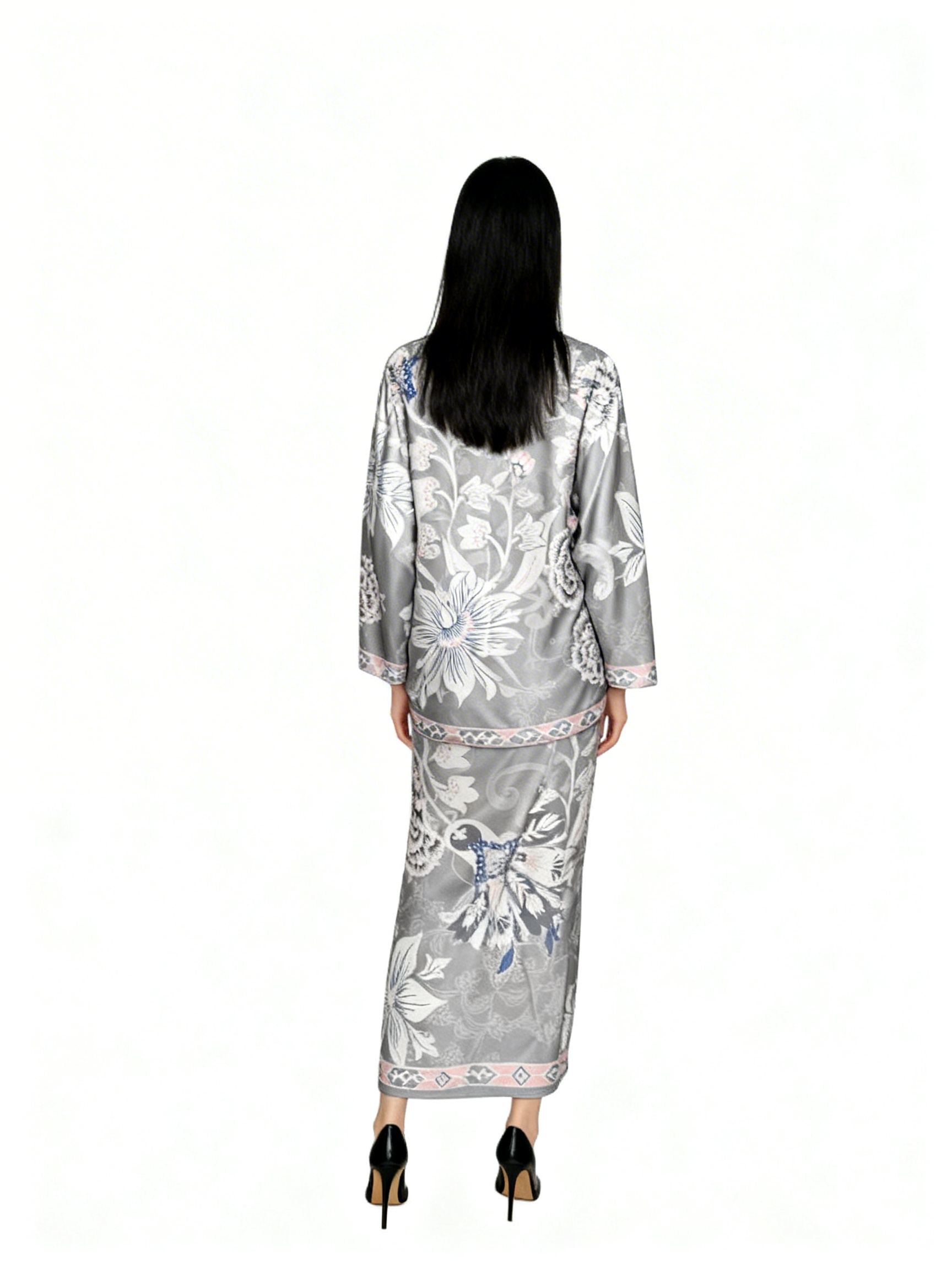 Grey Tropical Flower Round Neck Sarong Set