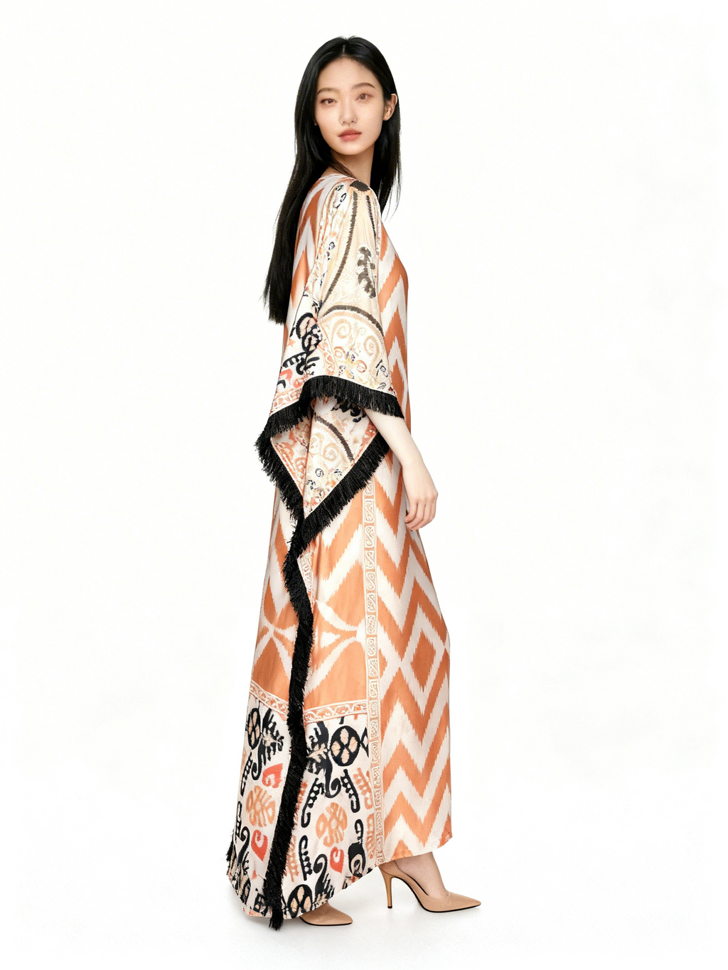 Coral Ikat Fringe Short Kaftan
