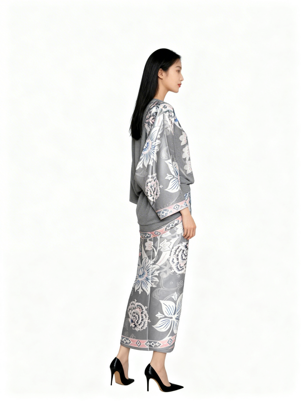 Grey Tropical Flower Round Neck Sarong Set