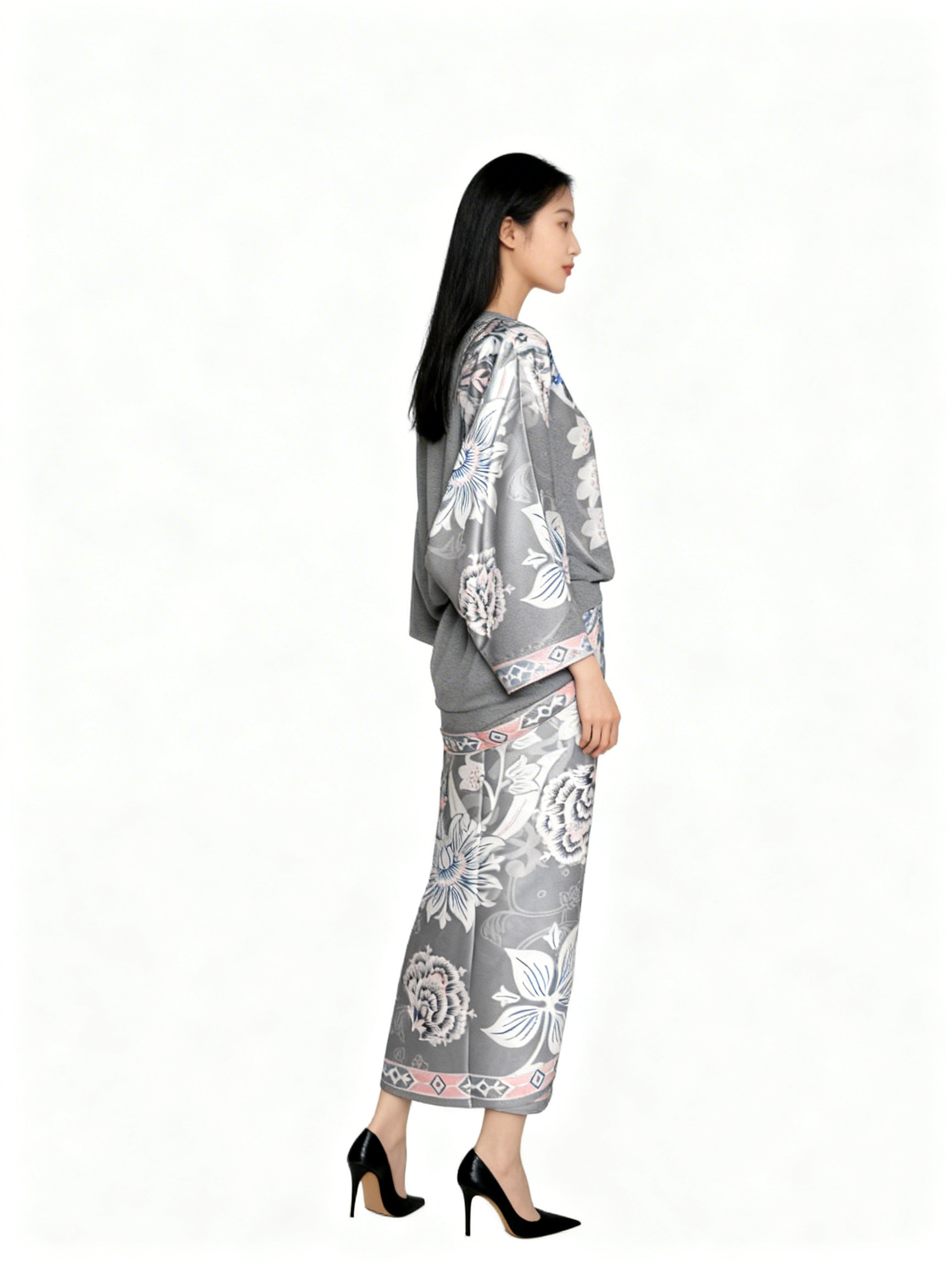 Grey Tropical Flower Round Neck Sarong Set