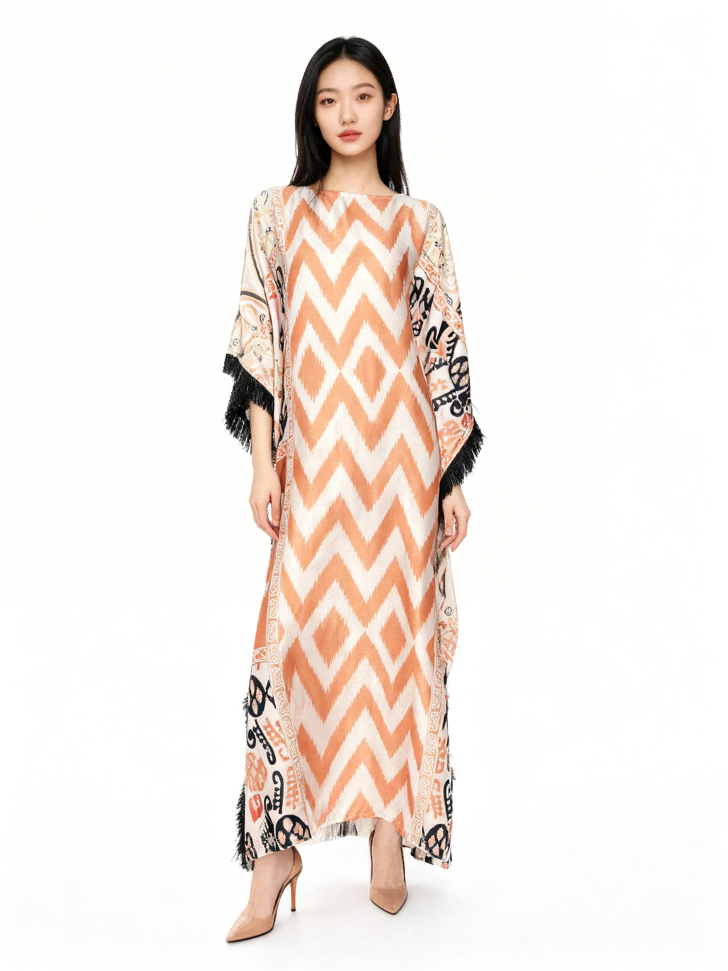 Coral Ikat Fringe Short Kaftan