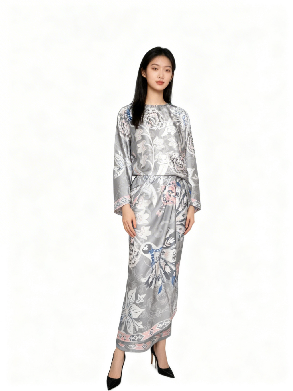 Grey Tropical Flower Round Neck Sarong Set