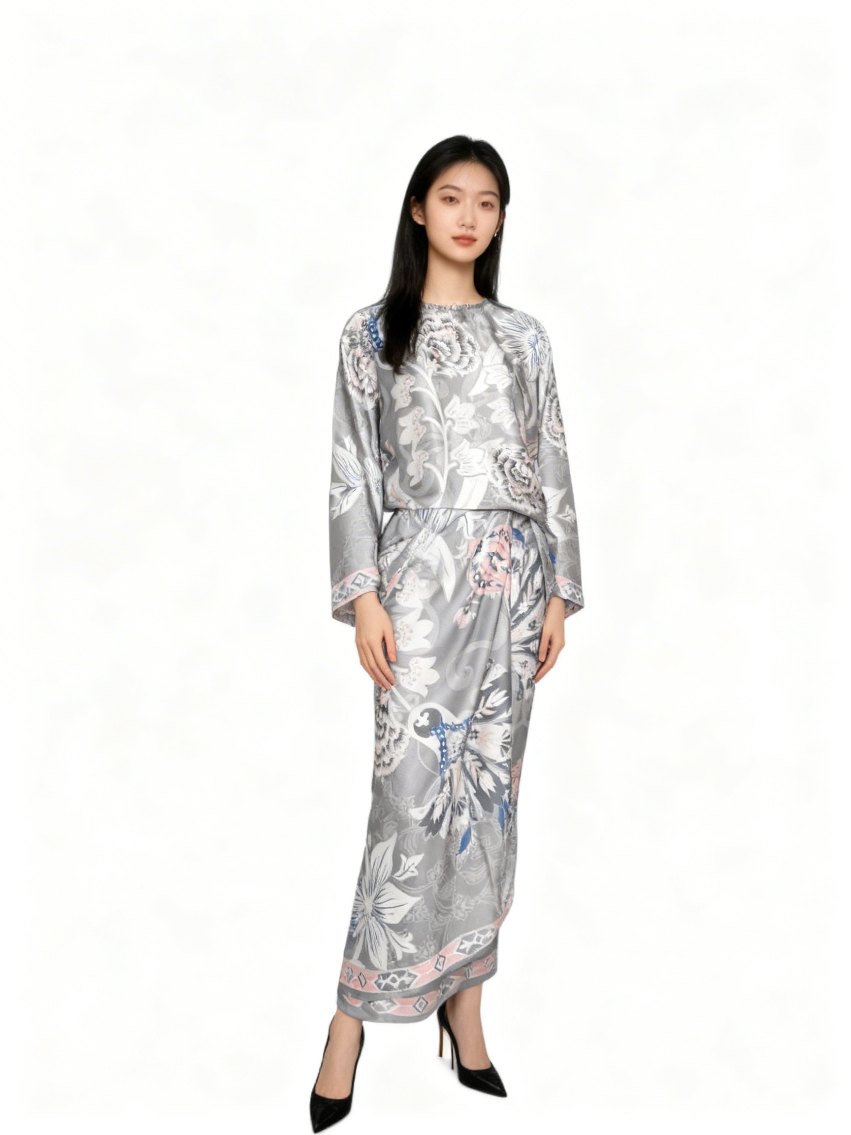 Grey Tropical Flower Round Neck Sarong Set
