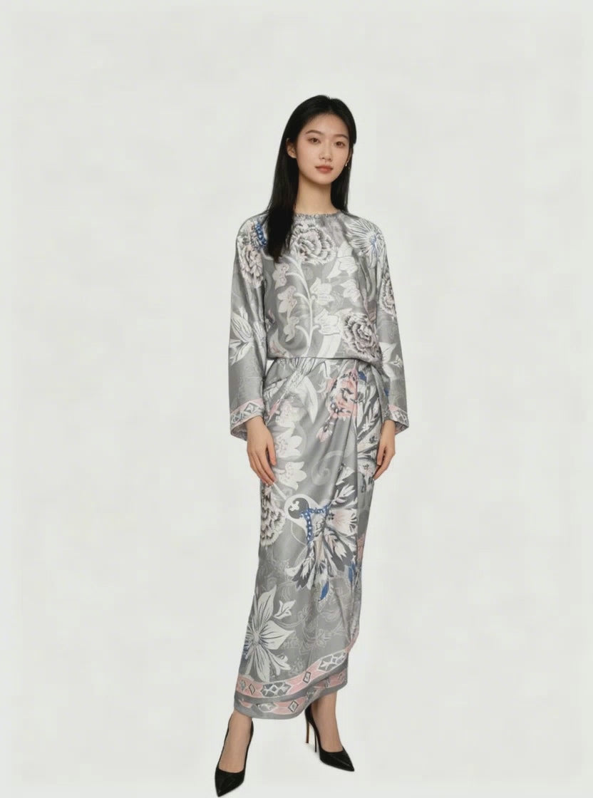 Grey Tropical Flower Round Neck Sarong Set