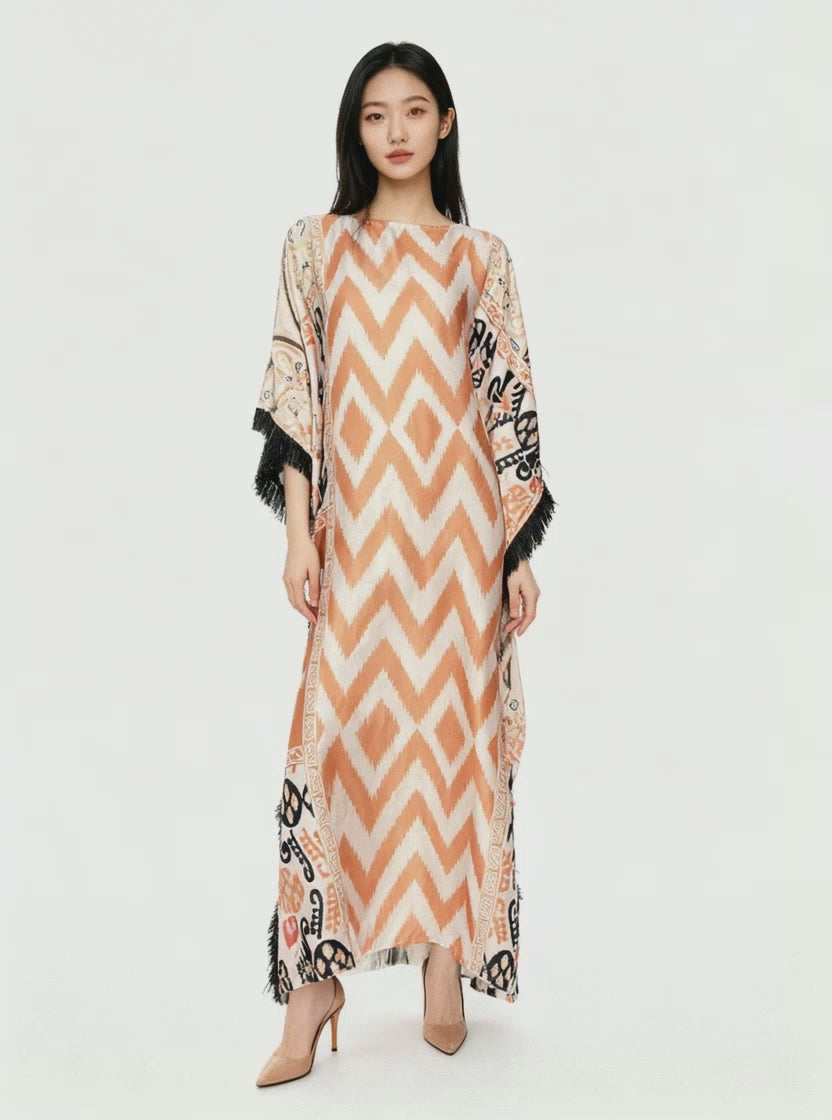 Coral Ikat Fringe Short Kaftan
